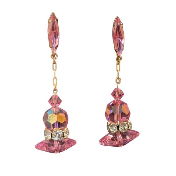Vintage Pink AB Faceted Crystal Rhinestone Gold Tone Dangle Ear Clips - Picture 2 of 7